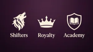 A graphic featuring icons representing common reverse harem tropes: a wolf for shifters, a crown for royalty, and a school crest for academy romance.
