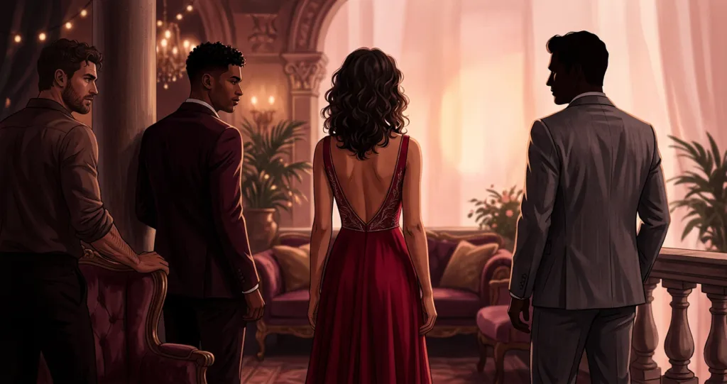 A woman looks confidently forward while the faces of three handsome men are silhouetted behind her, representing a reverse harem romance.