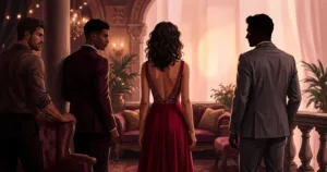 A woman looks confidently forward while the faces of three handsome men are silhouetted behind her, representing a reverse harem romance.