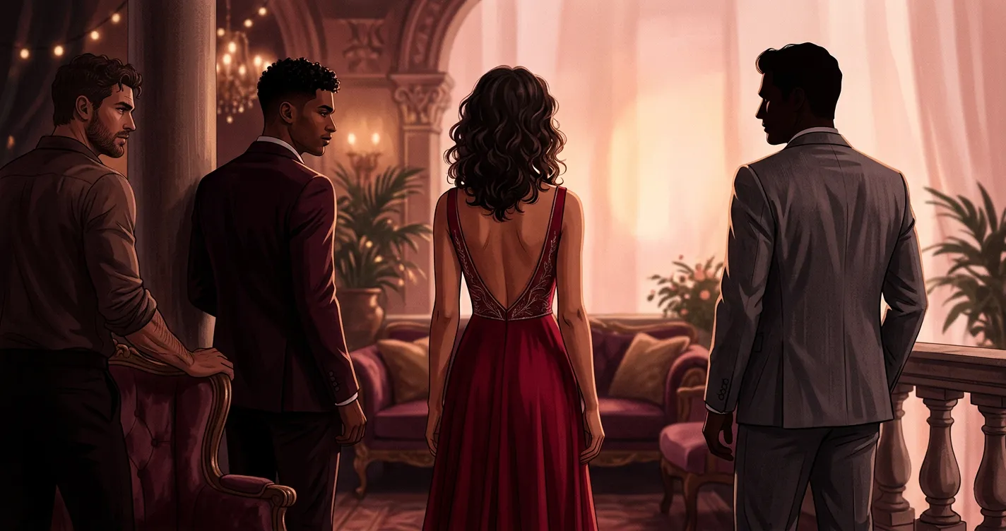 A woman looks confidently forward while the faces of three handsome men are silhouetted behind her, representing a reverse harem romance.